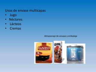 Usos de envase multicapas
• Jugo
• Néctares
• Lácteos
• Cremas
Almacenaje de envase y embalaje
 