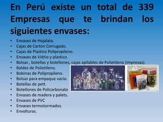 En Perú existe un total de 339
Empresas que te brindan los
siguientes envases:
• Envases de Hojalata.
• Cajas de Carton Corrugado.
• Cajas de Plastico Polipropileno.
• Envases de Vidrio y plastico.
• Bolsas , botellas y botellones, cajas apilables de Polietileno (impresas).
• Baldes de Polietileno.
• Bobinas de Polipropileno.
• Bolsas para empaque vacio.
• Botellas de pett.
• Botellones de Policarbonato
• Envases de madera y palets.
• Envases de PVC
• Envases termotormados.
• Envolturas.
 