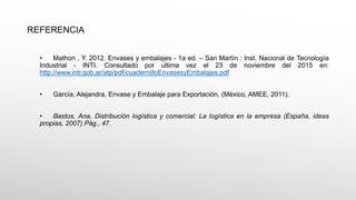 REFERENCIA
• Mathon , Y. 2012. Envases y embalajes - 1a ed. – San Martín : Inst. Nacional de Tecnología
Industrial - INTI. Consultado por ultima vez el 23 de noviembre del 2015 en:
http://www.inti.gob.ar/atp/pdf/cuadernilloEnvasesyEmbalajes.pdf
• García, Alejandra, Envase y Embalaje para Exportación, (México, AMEE, 2011).
• Bastos, Ana, Distribución logística y comercial: La logística en la empresa (España, ideas
propias, 2007) Pág., 47.
 