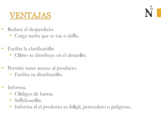 VENTAJAS
• Reduce el desperdicio.
• Carga suelta que se cae o daña.
• Facilita la clasificación
• Cómo se distribuye en el almacén.
• Permite tener acceso al producto.
• Facilita su distribución.
• Informa.
• Códigos de barras.
• Señalización.
• Informa sí el producto es frágil, perecedero o peligroso.
 