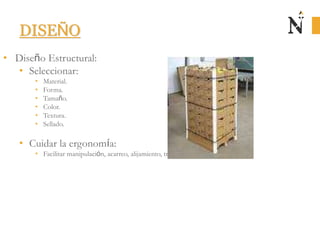 DISEÑO
• Diseño Estructural:
• Seleccionar:
• Material.
• Forma.
• Tamaño.
• Color.
• Textura.
• Sellado.
• Cuidar la ergonomía:
• Facilitar manipulación, acarreo, alijamiento, transporte y estiba.
 