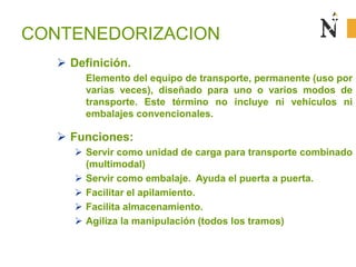 CONTENEDORIZACION
 Definición.
Elemento del equipo de transporte, permanente (uso por
varias veces), diseñado para uno o varios modos de
transporte. Este término no incluye ni vehículos ni
embalajes convencionales.
 Funciones:
 Servir como unidad de carga para transporte combinado
(multimodal)
 Servir como embalaje. Ayuda el puerta a puerta.
 Facilitar el apilamiento.
 Facilita almacenamiento.
 Agiliza la manipulación (todos los tramos)
 