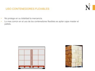 USO CONTENEDORES FLEXIBLES
• No protege en su totalidad la mercancía.
• Lo mas común en el uso de los contenedores flexibles es apilar cajas master el
pallets.
 