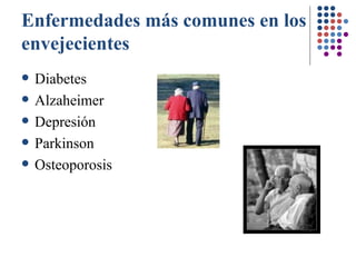 Enfermedades más comunes en los envejecientes Diabetes Alzaheimer Depresión Parkinson Osteoporosis 