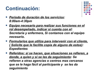 Continuación: Periodo de duración de los servicios : 8:00am-4:30pm Equipo necesario para realizar sus funciones en el rol desempeñado, indicar si cuenta con el : Secretaria y enfermera, Si contamos con el equipo necesario. Formularios que utiliza para intervenir con el cliente,( Solicite que le facilite copia de alguno de estos) : Expedientes Referidos: si se hacen, que situaciones se refieren, a donde, a quien y si se les da seguimiento : Se refieren a otras agencias o centros mas cercanos que se le haga fácil al participante y  se les da seguimiento 