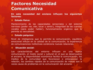 Factores Necesidad
Comunicativa
En esta necesidad del anciano influyen los siguientes
factores:
 Estado físico:
Mantenimiento de las capacidades sensoriales y del sistema
nervioso (poder ver, oler, tocar y sentir), integridad de las cuerdas
vocales (para poder hablar), funcionamiento orgánico que le
permita su sexualidad.
 Estado psíquico:
Nivel de inteligencia que le permite la comunicación, equilibrio
emocional influye en la calidad de la comunicación, la experiencia
de comunicaciones inefectivas condiciona nuevas relaciones.
   Situación social:
Las características del entorno influyen en una buena
comunicación, el medio social y cultural en el que se desenvuelve
el anciano, la disponibilidad económica facilita la comunicación, los
medios de la comunidad que favorezcan o entorpezcan la
relación, los cambios rápidos de la comunicación de masas son a
veces causa de problemas en la comunicación del anciano.
 
