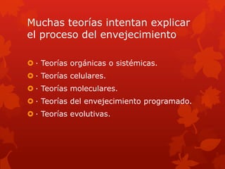 Muchas teorías intentan explicar
el proceso del envejecimiento

 · Teorías orgánicas o sistémicas.
 · Teorías celulares.
 · Teorías moleculares.
 · Teorías del envejecimiento programado.
 · Teorías evolutivas.
 
