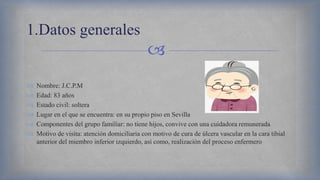 
 Nombre: J.C.P.M
 Edad: 83 años
 Estado civil: soltera
 Lugar en el que se encuentra: en su propio piso en Sevilla
 Componentes del grupo familiar: no tiene hijos, convive con una cuidadora remunerada
 Motivo de visita: atención domiciliaria con motivo de cura de úlcera vascular en la cara tibial
anterior del miembro inferior izquierdo, así como, realización del proceso enfermero
1.Datos generales
 
