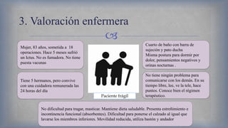 
3. Valoración enfermera
Paciente frágil
Mujer, 83 años, sometida a 18
operaciones. Hace 5 meses sufrió
un Ictus. No es fumadora. No tiene
puesta vacunas
Tiene 5 hermanos, pero convive
con una cuidadora remunerada las
24 horas del día
No dificultad para tragar, masticar. Mantiene dieta saludable. Presenta estreñimiento e
incontinencia funcional (absorbentes). Dificultad para ponerse el calzado al igual que
lavarse los miembros inferiores. Movilidad reducida, utiliza bastón y andador
Cuarto de baño con barra de
sujeción y pato ducha
Misma postura para dormir por
dolor, pensamientos negativos y
orinas nocturnas .
No tiene ningún problema para
comunicarse con los demás. En su
tiempo libre, lee, ve la tele, hace
puntos. Conoce bien el régimen
terapéutico.
 
