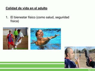 Calidad de vida en el adulto
1. El bienestar físico (como salud, seguridad
física)
 