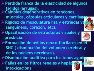 Pérdida franca de la elasticidad de algunos tejidos (arrugas).  Cambios degenerativos en tendones,  músculos, cápsulas articulares y cartílagos. Rigidez de musculatura lisa y estriada( vasos sanguíneos, corazón, etc). Opacificación de estructuras visuales y  presbicia. Formación de ovillos neuro-fibrilares en el SNC ( disminución del volumen cerebral y  de los núcleos nerviosos).  Disminución auditiva para los tonos agudos. Fallas en los filtros renales y hepático( auto- intoxicación) 