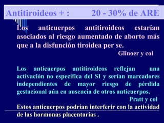 Los anticuerpos antitiroideos estarían asociados al riesgo aumentado de aborto más que a la disfunción tiroidea per se. Glinoer y col Los anticuerpos antitiroideos reflejan  una activación no específica del SI y serían marcadores independientes de mayor riesgo de pérdida gestacional aún en ausencia de otros anticuerpos. Pratt y col Estos anticuerpos podrían interferir con la actividad de las hormonas placentarias .  Antitiroideos + :   20 - 30% de ARE   