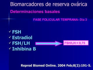 Biomarcadores de reserva ovárica FSH Estradiol FSH/LH  Inhibina B Reprod Biomed Online. 2004 Feb;8(2):191-5. FSH/LH:< 0,75 Determinaciones basales   FASE FOLICULAR TEMPRANA- Día 3 