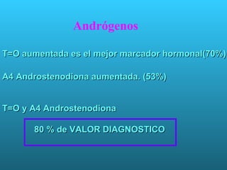 Andrógenos T=O aumentada es el mejor marcador hormonal(70%)   A4 Androstenodiona aumentada. (53%) T=O y A4 Androstenodiona  80 % de VALOR DIAGNOSTICO 