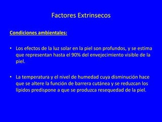 Factores Extrinsecos
Condiciones ambientales:
• Los efectos de la luz solar en la piel son profundos, y se estima
que representan hasta el 90% del envejecimiento visible de la
piel.
• La temperatura y el nivel de humedad cuya disminución hace
que se altere la función de barrera cutánea y se reduzcan los
lípidos predispone a que se produzca resequedad de la piel.
 