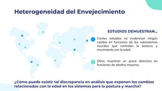 Heterogeneidad del Envejecimiento
ESTUDIOS DEMUESTRAN...
Ciertos estudios no evidencian ningún
cambio en funciones de los subsistemas
neurales que controlan la postura y
movimiento con la edad.
Otros muestran un grave deterioro en
funciones de adultos mayores.
¿Cómo puede existir tal discrepancia en análisis que exponen los cambios
relacionados con la edad en los sistemas para la postura y marcha?
 
