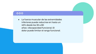 ● La fuerza muscular de las extremidades
inferiores puede reducirse en hasta un
40% desde los 30 a 80
años→ discapacidad funcional. El
dolor puede limitar el rango funcional.
 