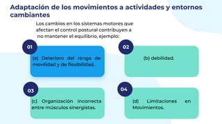 Adaptación de los movimientos a actividades y entornos
cambiantes
(a) Deterioro del rango de
movilidad y de flexibilidad.
01
(b) debilidad.
02
(c) Organización incorrecta
entre músculos sinergistas.
03
(d) Limitaciones en
Movimientos.
04
Los cambios en los sistemas motores que
afectan el control postural contribuyen a
no mantener el equilibrio, ejemplo:
 