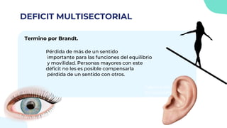 DEFICIT MULTISECTORIAL
Termino por Brandt.
Pérdida de más de un sentido
importante para las funciones del equilibrio
y movilidad. Personas mayores con este
déficit no les es posible compensarla
pérdida de un sentido con otros.
Saturn is the ringed planet.
It’s composed mostly of
hydrogen and helium
 