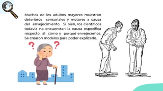 Muchos de los adultos mayores muestran
deterioros sensoriales y motores a causa
del envejecimiento. Si bien, los científicos
todavía no encuentran la causa específica
respecto al cómo y porqué envejecemos.
Se crearon modelos para poder explicarlo.
 
