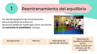 Reentrenamiento del equilibrio
Elongaciones Marcha Maniobras de
tiempo de reacción
Ejercicios de
equilibrio estático y
activo
1 hora, 3 veces a la
semana, por 16
semanas
Un tipo de programa de entrenamiento
para el equilibrio se enfoca en
ejercicios aeróbicos habituales como una forma
de aumentar la estabilidad. Incluye:
1
 