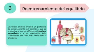 Un tercer análisis empleó un protocolo
de entrenamiento del equilibrio que se
orientaba al uso de diferentes impulsos
sensoriales y a su integración bajo
condiciones en que eran reducidos o
alterados.
Reentrenamiento del equilibrio
3
 