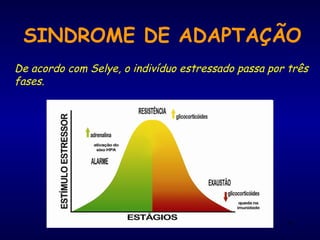 35
SINDROME DE ADAPTAÇÃO
De acordo com Selye, o indivíduo estressado passa por três
fases.
 