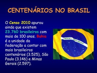 CENTENÁRIOS NO BRASIL
O Censo 2010 apurou
ainda que existem
23.760 brasileiros com
mais de 100 anos. Bahia
é a unidade da
federação a contar com
mais brasileiros
centenários (3.525), São
Paulo (3.146) e Minas
Gerais (2.597).
 