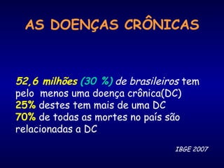 AS DOENÇAS CRÔNICAS
IBGE 2007
52,6 milhões (30 %) de brasileiros tem
pelo menos uma doença crônica(DC)
25% destes tem mais de uma DC
70% de todas as mortes no país são
relacionadas a DC
 