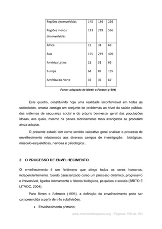 www.interscienceplace.org - Páginas 108 de 194
Regiões desenvolvidas
Regiões menos
desenvolvidas
145
183
186
289
256
566
África
Ásia
América Latina
Europa
América do Norte
19
155
21
68
35
31
249
33
82
39
63
470
65
105
67
Fonte: adaptado de Martin e Preston (1994)
Este quadro, constituindo hoje uma realidade incontornável em todas as
sociedades, arrasta consigo um conjunto de problemas ao nível da saúde pública,
dos sistemas de segurança social e do próprio bem-estar geral das populações
idosas, aos quais, mesmo os países tecnicamente mais avançados se procuram
ainda adaptar.
O presente estudo tem como sentido valorativo geral analisar o processo de
envelhecimento relacionado aos diversos campos de investigação: biológicas,
músculo-esqueléticas, nervosa e psicológica..
2. O PROCESSO DE ENVELHECIMENTO
O envelhecimento é um fenômeno que atinge todos os seres humanos,
independentemente. Sendo caracterizado como um processo dinâmico, progressivo
e irreversível, ligados intimamente a fatores biológicos, psíquicos e sociais (BRITO E
LITVOC, 2004).
Para Birren e Schroots (1996), a definição do envelhecimento pode ser
compreendida a partir de três subdivisões:
 Envelhecimento primário;
 