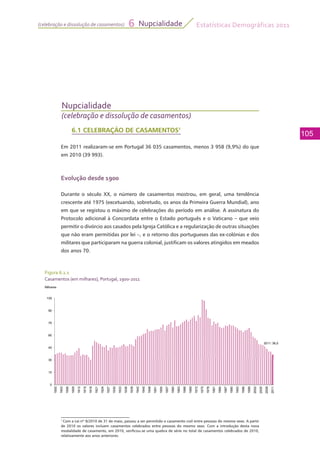 Estatísticas Demográficas 2011
105
Nupcialidade6(celebração e dissolução de casamentos)
Nupcialidade
(celebração e dissolução de casamentos)
1
Com a Lei nº 9/2010 de 31 de maio, passou a ser permitido o casamento civil entre pessoas do mesmo sexo. A partir
de 2010 os valores incluem casamentos celebrados entre pessoas do mesmo sexo. Com a introdução desta nova
modalidade de casamento, em 2010, verificou-se uma quebra de série no total de casamentos celebrados de 2010,
relativamente aos anos anteriores.
6.1 CELEBRAÇÃO DE CASAMENTOS1
Em 2011 realizaram-se em Portugal 36 035 casamentos, menos 3 958 (9,9%) do que
em 2010 (39 993).
Evolução desde 1900
Durante o século XX, o número de casamentos mostrou, em geral, uma tendência
crescente até 1975 (excetuando, sobretudo, os anos da Primeira Guerra Mundial), ano
em que se registou o máximo de celebrações do período em análise. A assinatura do
Protocolo adicional à Concordata entre o Estado português e o Vaticano – que veio
permitir o divórcio aos casados pela Igreja Católica e a regularização de outras situações
que não eram permitidas por lei –, e o retorno dos portugueses das ex-colónias e dos
militares que participaram na guerra colonial, justificam os valores atingidos em meados
dos anos 70.
Figura 6.1.1
Casamentos (em milhares), Portugal, 1900-2011
2011: 36,0
30
45
60
75
90
105
Milhares
0
15
30
1900
1903
1906
1909
1912
1915
1918
1921
1924
1927
1930
1933
1936
1939
1942
1945
1948
1951
1954
1957
1960
1963
1966
1969
1972
1975
1978
1981
1984
1987
1990
1993
1996
1999
2002
2005
2008
2011
 