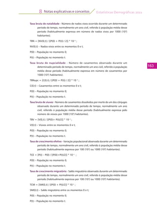 Estatísticas Demográficas 2011
163
Notas explicativas e conceitos8
Taxa bruta de natalidade - Número de nados vivos ocorrido durante um determinado
período de tempo, normalmente um ano civil, referido à população média desse
período (habitualmente expressa em número de nados vivos por 1000 (103
)
habitantes).
TBN = [NV(0,t) / [(P(0) + P(t)) / 2]] * 10 n
;
NV(0,t) – Nados-vivos entre os momentos 0 e t;
P(0) – População no momento 0;
P(t) – População no momento t.
Taxa bruta de nupcialidade - Número de casamentos observado durante um
determinado período de tempo, normalmente um ano civil, referido à população
média desse período (habitualmente expressa em número de casamentos por
1000 (103
) habitantes).
TBNupc = [C(0,t) / [(P(0) + P(t)) / 2]] * 10 n
;
C(0,t) – Casamentos entre os momentos 0 e t;
P(0) – População no momento 0;
P(t) – População no momento t.
Taxa bruta de viuvez - Número de casamentos dissolvidos por morte de um dos cônjuges
observado durante um determinado período de tempo, normalmente um ano
civil, referido à população média desse período (habitualmente expressa pelo
número de viúvos por 1000 (103
) habitantes).
TBV = [V(0,t) / [(P(0)+ P(t)/2]] * 10 n
;
V(0,t) – Viúvos entre os momentos 0 e t;
P(0) – População no momento 0;
P(t) – População no momento t.
Taxa de crescimento efetivo - Variação populacional observada durante um determinado
período de tempo, normalmente um ano civil, referido à população média desse
período (habitualmente expressa por 100 (102
) ou 1000 (103
) habitantes).
TCE = [P(t) – P(0) / [(P(0)+P(t)/2]] * 10 n
;
P(0) – População no momento 0;
P(t) – População no momento t.
Taxa de crescimento migratório - Saldo migratório observado durante um determinado
período de tempo, normalmente um ano civil, referido à população média desse
período (habitualmente expressa por 100 (102
) ou 1000 (103
) habitantes).
TCM = [SM(0,t) / [(P(0) + P(t)/2]] * 10 n
;
SM(0,t) – Saldo migratório entre os momentos 0 e t;
P(0) – População no momento 0;
P(t) – População no momento t.
 