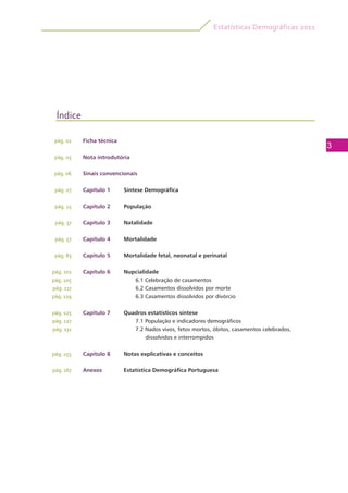 Estatísticas Demográficas 2011
3
Índice
Ficha técnica
Nota introdutória
Sinais convencionais
Capítulo 1	 Síntese Demográfica
Capítulo 2	 População
Capítulo 3	 Natalidade
Capítulo 4	 Mortalidade
Capítulo 5	 Mortalidade fetal, neonatal e perinatal
Capítulo 6	 Nupcialidade
		 6.1 Celebração de casamentos
		 6.2 Casamentos dissolvidos por morte
		 6.3 Casamentos dissolvidos por divórcio
Capítulo 7	 Quadros estatísticos síntese
		 7.1 População e indicadores demográficos
		 7.2 Nados vivos, fetos mortos, óbitos, casamentos celebrados, 			
			 dissolvidos e interrompidos
	
Capítulo 8	 Notas explicativas e conceitos
Anexos	 Estatística Demográfica Portuguesa
pág. 02
pág. 05
pág. 06
pág. 07
pág. 15
pág. 37
pág. 57
pág. 83
pág. 101
pág. 105
pág. 117
pág. 119
pág. 125
pág. 127
pág. 131
pág. 155
pág. 167
 