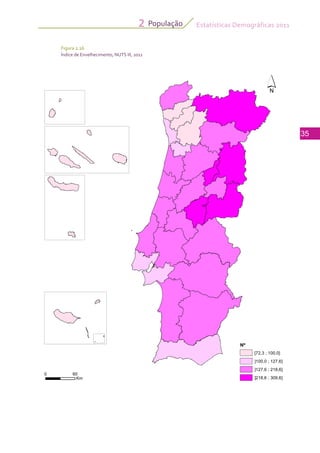 Estatísticas Demográficas 2011
35
População2
Figura 2.16
Índice de Envelhecimento, NUTS III, 2011
Nº
[72,3 ; 100,0]
]100,0 ; 127,6]
]127,6 ; 218,6]
]218,6 ; 309,6]
´
0 60
Km
 