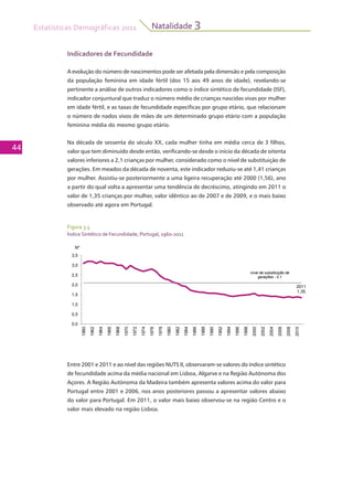 Estatísticas Demográficas 2011
44
Natalidade 3
Indicadores de Fecundidade
A evolução do número de nascimentos pode ser afetada pela dimensão e pela composição
da população feminina em idade fértil (dos 15 aos 49 anos de idade), revelando-se
pertinente a análise de outros indicadores como o índice sintético de fecundidade (ISF),
indicador conjuntural que traduz o número médio de crianças nascidas vivas por mulher
em idade fértil, e as taxas de fecundidade específicas por grupo etário, que relacionam
o número de nados vivos de mães de um determinado grupo etário com a população
feminina média do mesmo grupo etário.
Na década de sessenta do século XX, cada mulher tinha em média cerca de 3 filhos,
valor que tem diminuído desde então, verificando-se desde o início da década de oitenta
valores inferiores a 2,1 crianças por mulher, considerado como o nível de substituição de
gerações. Em meados da década de noventa, este indicador reduziu-se até 1,41 crianças
por mulher. Assistiu-se posteriormente a uma ligeira recuperação até 2000 (1,56), ano
a partir do qual volta a apresentar uma tendência de decréscimo, atingindo em 2011 o
valor de 1,35 crianças por mulher, valor idêntico ao de 2007 e de 2009, e o mais baixo
observado até agora em Portugal.
3,5
Nº
nível de substituição de
gerações - 2,1
2 0
2,5
3,0
2011
1,35
1,0
1,5
2,0
0,0
0,5
1960
1962
1964
1966
1968
1970
1972
1974
1976
1978
1980
1982
1984
1986
1988
1990
1992
1994
1996
1998
2000
2002
2004
2006
2008
2010
1
1
1
1
1
1
1
1
1
1
1
1
1
1
1
1
1
1
1
1
2
2
2
2
2
2
Entre 2001 e 2011 e ao nível das regiões NUTS II, observaram-se valores do índice sintético
de fecundidade acima da média nacional em Lisboa, Algarve e na Região Autónoma dos
Açores. A Região Autónoma da Madeira também apresenta valores acima do valor para
Portugal entre 2001 e 2006, nos anos posteriores passou a apresentar valores abaixo
do valor para Portugal. Em 2011, o valor mais baixo observou-se na região Centro e o
valor mais elevado na região Lisboa.
Figura 3.5
Índice Sintético de Fecundidade, Portugal, 1960-2011
 
