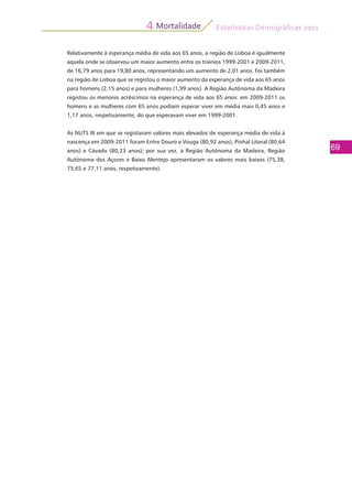 Estatísticas Demográficas 2011
69
Mortalidade4
Relativamente à esperança média de vida aos 65 anos, a região de Lisboa é igualmente
aquela onde se observou um maior aumento entre os triénios 1999-2001 e 2009-2011,
de 16,79 anos para 19,80 anos, representando um aumento de 2,01 anos. Foi também
na região de Lisboa que se registou o maior aumento da esperança de vida aos 65 anos
para homens (2,15 anos) e para mulheres (1,99 anos). A Região Autónoma da Madeira
registou os menores acréscimos na esperança de vida aos 65 anos: em 2009-2011 os
homens e as mulheres com 65 anos podiam esperar viver em média mais 0,45 anos e
1,17 anos, respetivamente, do que esperavam viver em 1999-2001.
As NUTS III em que se registaram valores mais elevados de esperança média de vida à
nascença em 2009-2011 foram Entre Douro e Vouga (80,92 anos), Pinhal Litoral (80,64
anos) e Cávado (80,23 anos); por sua vez, a Região Autónoma da Madeira, Região
Autónoma dos Açores e Baixo Alentejo apresentaram os valores mais baixos (75,38,
75,65 e 77,11 anos, respetivamente).
 