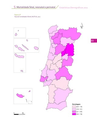 Estatísticas Demográficas 2011
93
Mortalidade fetal, neonatal e perinatal5
Figura 5.8
Taxa de mortalidade infantil, NUTS III, 2011
Permilagem
[0,0 ; 1,6]
]1,6 ; 3,1]
]3,1 ; 5,5]
]5,5 ; 7,8]
´
0 60
Km
 