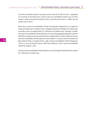 Estatísticas Demográficas 2011
94
Mortalidade fetal, neonatal e perinatal 5
O número de óbitos durante o primeiro ano de vida foi de 302 em 2011, registando
um aumento de 46 óbitos face a 2010. A taxa de mortalidade infantil, que em 2010
atingiu o valor mais baixo de sempre (2,5‰), aumentou assim para 3,1 óbitos por mil
nados vivos em 2011.
Neste ano, as taxas de mortalidade infantil mais elevadas registaram-se na região de
Lisboa (3,6 óbitos por mil nados vivos), na Região Autónoma da Madeira (3,3 óbitos por
mil nados vivos) e na região Norte (3,1 óbitos por mil nados vivos). Contudo, a análise
das taxas de mortalidade infantil segundo uma maior desagregação geográfica permite
identificar unidades territoriais pertencentes às regiões Norte, Centro e Lisboa em que as
taxas de mortalidade infantil superaram estes valores. É o caso da Serra da Estrela e da
Beira Interior Norte, na região Centro, onde a taxa de mortalidade infantil ultrapassou
7,5‰, e o caso da Grande Lisboa e Alto Trás-os-Montes, onde a taxa de mortalidade
infantil foi superior a 4‰.
A menor taxa de mortalidade infantil registou-se na sub-região Pinhal Interior Sul, abaixo
de 1 óbito por mil nados vivos.
 