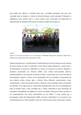 para atingir este objetivo e contribuir para que a sociedade portuguesa seja mais uma
sociedade onde se atinjam os valores do desenvolvimento social sustentável. Educamos e
trabalhamos neste sentido. Esta é a nossa missão como Licenciadas em Supervisão na
especialização de Mediação Educacional, Formação e Supervisão (Figura 2).
Figura 2
Missão do Licenciado em Educação, na especialização de Mediação Educacional, Formação e Supervisão, a
trabalhar em envelhecimento ativo e promoção da saúde
Podemos perceber que o envelhecimento é influenciado por diversos fatores que não ocorrem
de forma similar em todos os indivíduos. Estes fatores podem influenciar o modo como o
envelhecimento se processa, conduzindo ao sucesso ou insucesso do mesmo. Seguindo a
perspetiva apresentada por Oliveira (2005), uma velhice bem-sucedida traduz-se
fundamentalmente a nível pessoal, associada à saúde, à conservação de um nível elevado do
funcionamento cognitivo e físico, da sua participação ativa na sociedade e manutenção das
suas relações sociais, mesmo após a reforma. Estas diferentes condicionantes visam,
essencialmente, o bem-estar da pessoa idosa e abarcam, como já referido, todas as dimensões
do indivíduo. Esta etapa pode ser caraterizada frequentemente pela crise de identidade por
parte do próprio idoso e pela sociedade que o rodeia, traduzindo-se pela diminuição da
autoestima e dificuldades em adaptar-se à sua nova condição como pessoa idosa, levando-o a
ter comportamentos não muito característicos da sua idade. É nesse sentido que a
preocupação central das Organizações (OMS, Governos, Instituições) é a de promover um
envelhecimento ativo e bem-sucedido. Como tal, é fulcral educar tanto o idoso para a velhice,
 