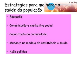 Estratégias para melhorar a
saúde da população
• Educação
• Comunicação e marketing social
• Capacitação da comunidade
• Mudança no modelo de assistência à saúde
• Ação política
 