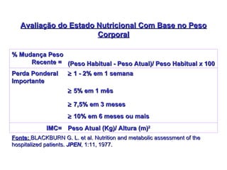 Avaliação do Estado Nutricional Com Base no Peso Corporal Fonte:  BLACKBURN G. L. et al. Nutrition and metabolic assessment of the hospitalized patients.  JPEN , 1:11,   1977. Peso Atual (Kg)/ Altura (m) 2   IMC=      10% em 6 meses ou mais    7,5% em 3 meses    5% em 1 mês    1 - 2% em 1 semana Perda Ponderal Importante   (Peso Habitual - Peso Atual)/ Peso Habitual x 100   % Mudança Peso Recente =   