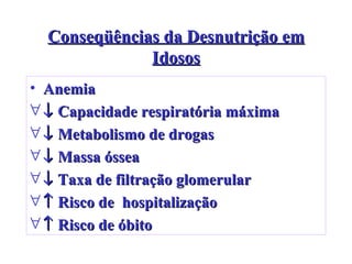 Conseqüências da Desnutrição em Idosos Anemia    Capacidade respiratória máxima    Metabolismo de drogas    Massa óssea    Taxa de filtração glomerular    Risco de  hospitalização    Risco de óbito 