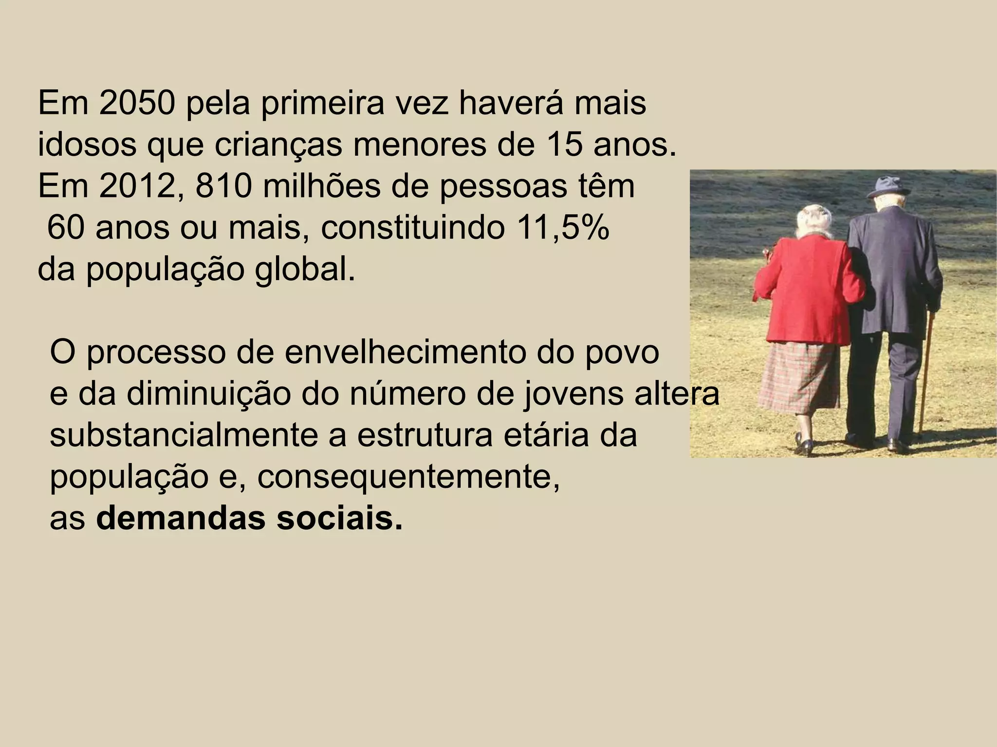 Em 2050 pela primeira vez haverá mais 
idosos que crianças menores de 15 anos. 
Em 2012, 810 milhões de pessoas têm 
60 anos ou mais, constituindo 11,5% 
da população global. 
O processo de envelhecimento do povo 
e da diminuição do número de jovens altera 
substancialmente a estrutura etária da 
população e, consequentemente, 
as demandas sociais. 
 