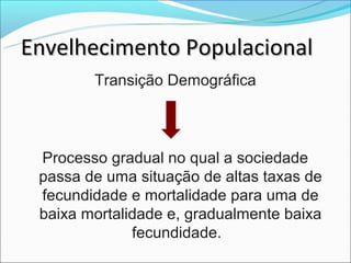 Envelhecimento Populacional
        Transição Demográfica



 Processo gradual no qual a sociedade
 passa de uma situação de altas taxas de
 fecundidade e mortalidade para uma de
 baixa mortalidade e, gradualmente baixa
              fecundidade.
 