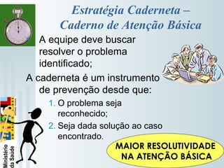   
Estratégia Caderneta –
Caderno de Atenção Básica
• A equipe deve buscar
resolver o problema
identificado;
A caderneta é um instrumento
de prevenção desde que:
1. O problema seja
reconhecido;
2. Seja dada solução ao caso
encontrado.
MAIOR RESOLUTIVIDADE
NA ATENÇÃO BÁSICA
 