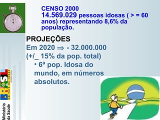   
CENSO 2000
14.569.029 pessoas idosas ( > = 60
anos) representando 8,6% da
população.
PROJEÇÕES
Em 2020 ⇒ - 32.000.000
(+/_ 15% da pop. total)
• 6ª pop. Idosa do
mundo, em números
absolutos.
 