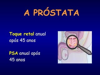 A PRÓSTATA
Toque retal anual
após 45 anos
PSA anual após
45 anos
 