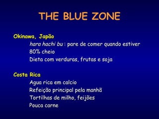 THE BLUE ZONE
Okinawa, JapãoOkinawa, Japão
hara hachi buhara hachi bu : pare de comer quando estiver: pare de comer quando estiver
80% cheio80% cheio
Dieta com verduras, frutas e sojaDieta com verduras, frutas e soja
Costa RicaCosta Rica
Agua rica em calcioAgua rica em calcio
Refeição principal pela manhãRefeição principal pela manhã
Tortilhas de milho, feijõesTortilhas de milho, feijões
Pouca carnePouca carne
 