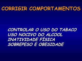 CORRIGIR COMPORTAMENTOS
CONTROLAR O USO DO TABACO
USO NOCIVO DO ALCOOL
INATIVIDADE FÍSICA
SOBREPESO E OBESIDADE
 