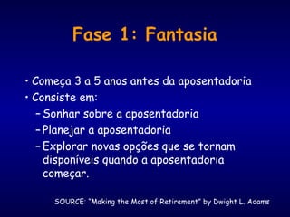 Fase 1: Fantasia
• Começa 3 a 5 anos antes da aposentadoria
• Consiste em:
– Sonhar sobre a aposentadoria
– Planejar a aposentadoria
– Explorar novas opções que se tornam
disponíveis quando a aposentadoria
começar.
SOURCE: “Making the Most of Retirement” by Dwight L. Adams
 